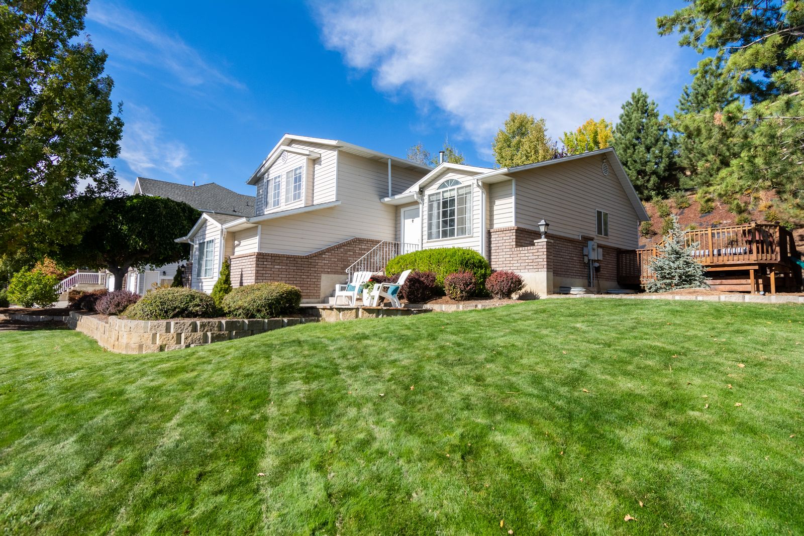 A suburban house with a front yard on a sunny day